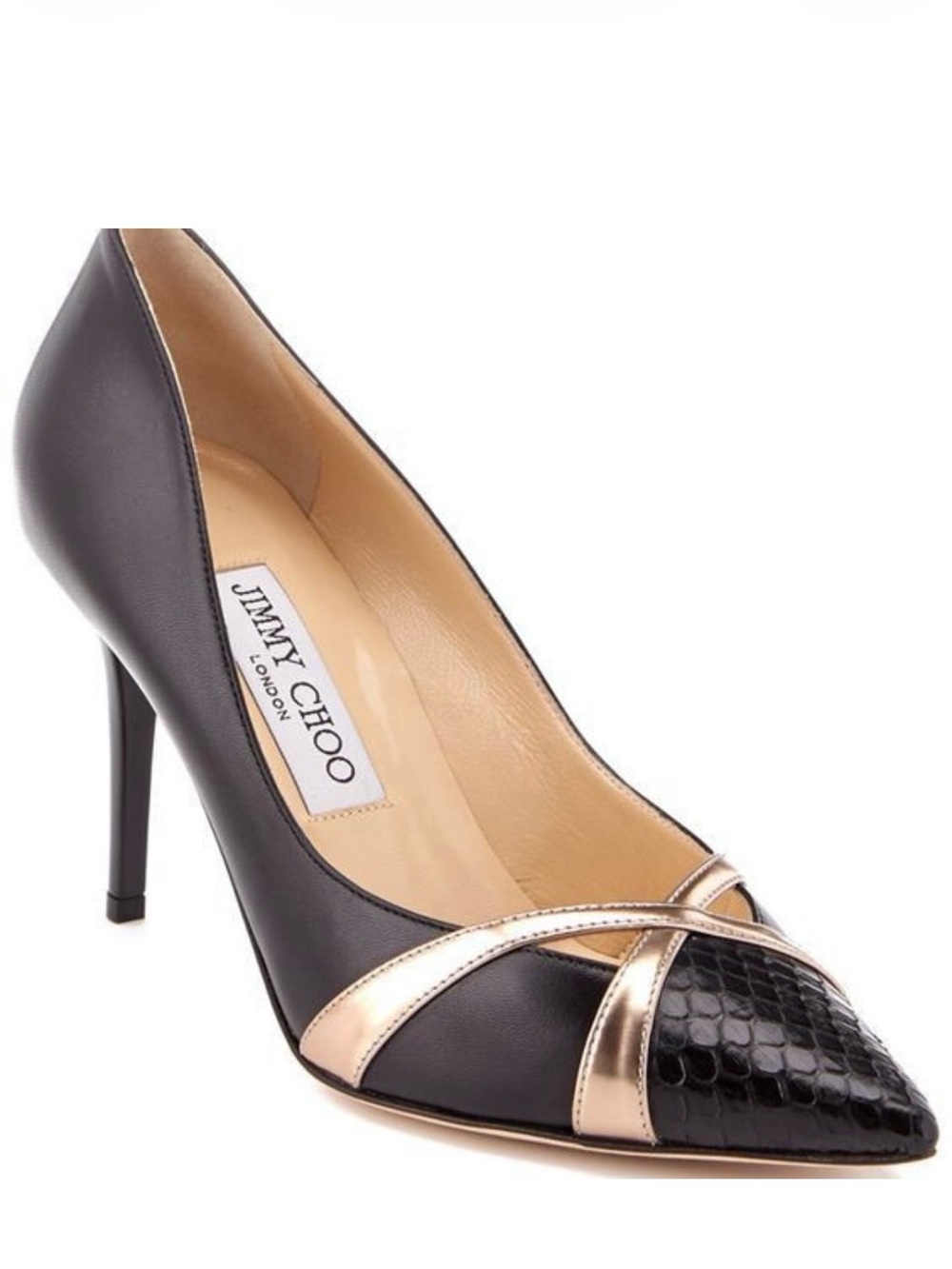 Jimmy Choo Black and Gold Croc-Embossed Pointed Toe Pump